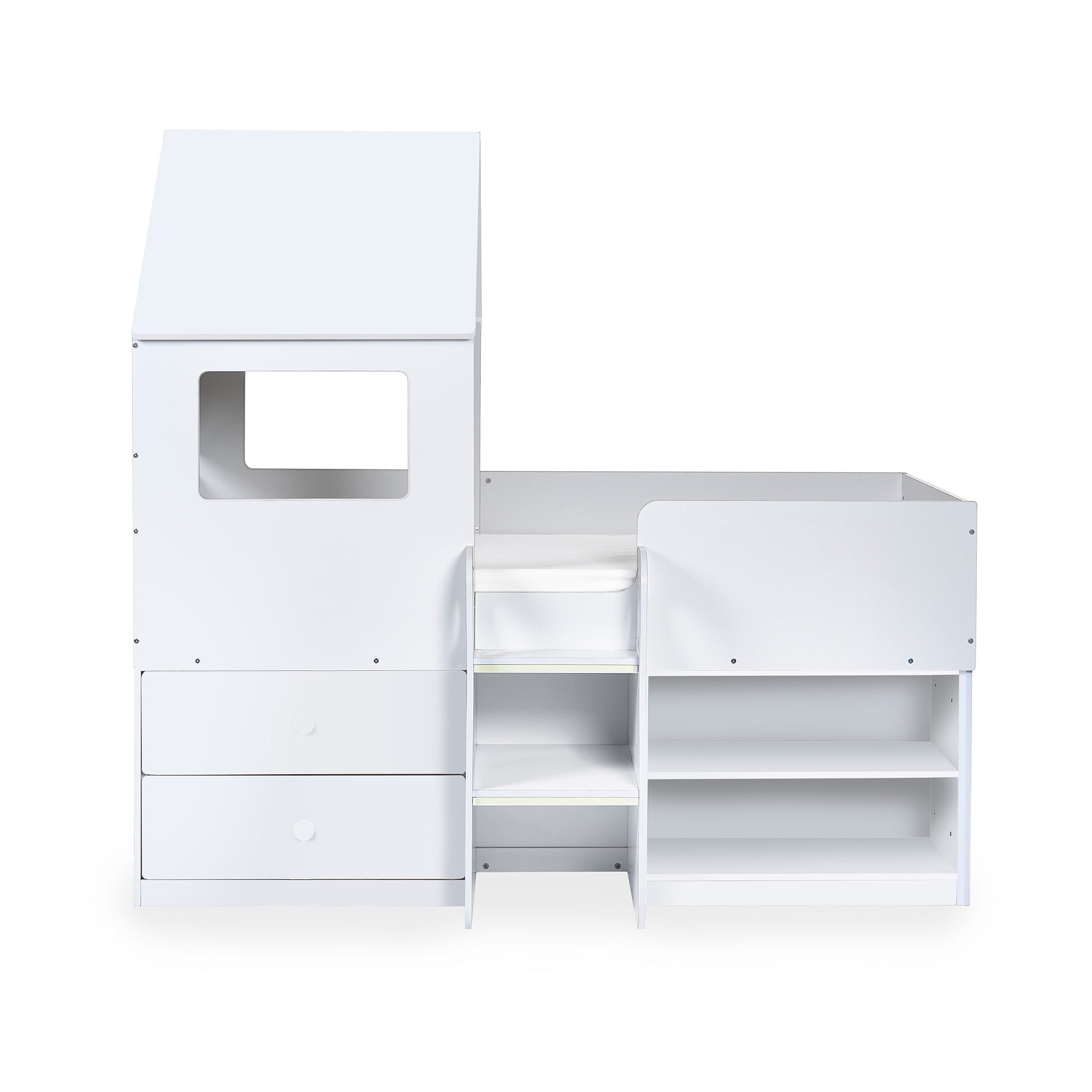 House Style Midsleeper Bed with Storage in White
